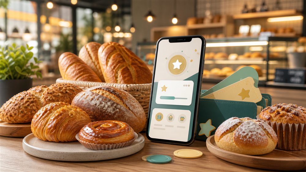 Bread and pastries beside a generic digital rewards app illustration