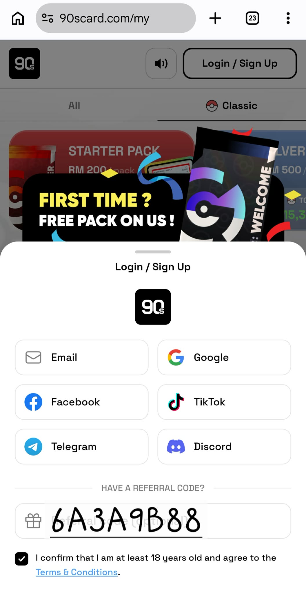 90scard signup screen with the referral-code field annotated 6A3A9B88 and a first-time free-pack banner