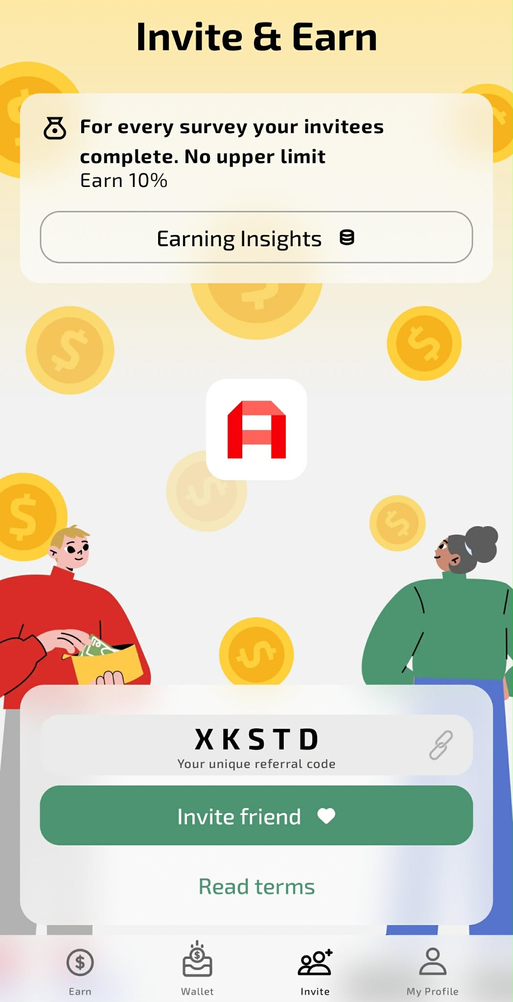 AttaPoll Invite and Earn screen showing referral code XKSTD