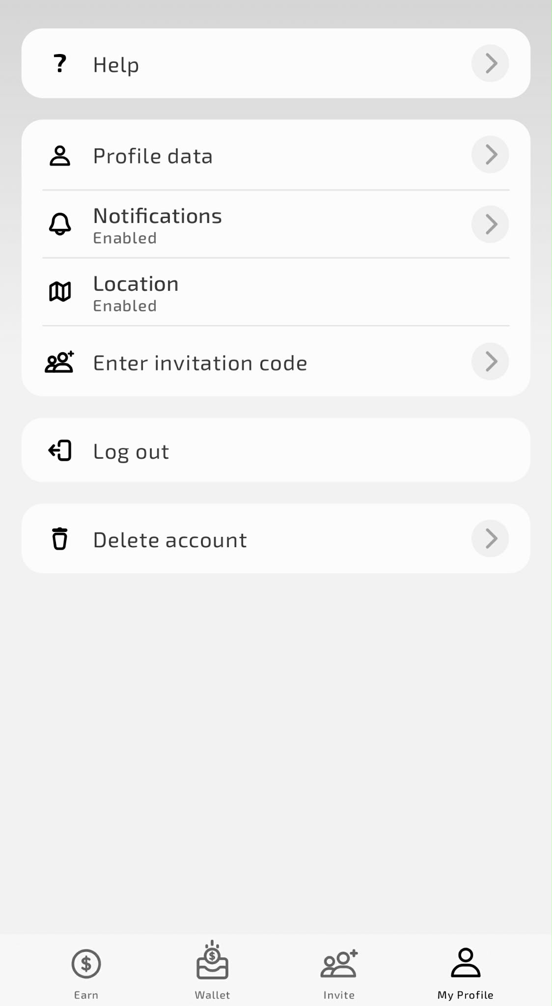 AttaPoll My Profile screen with the Enter invitation code menu option