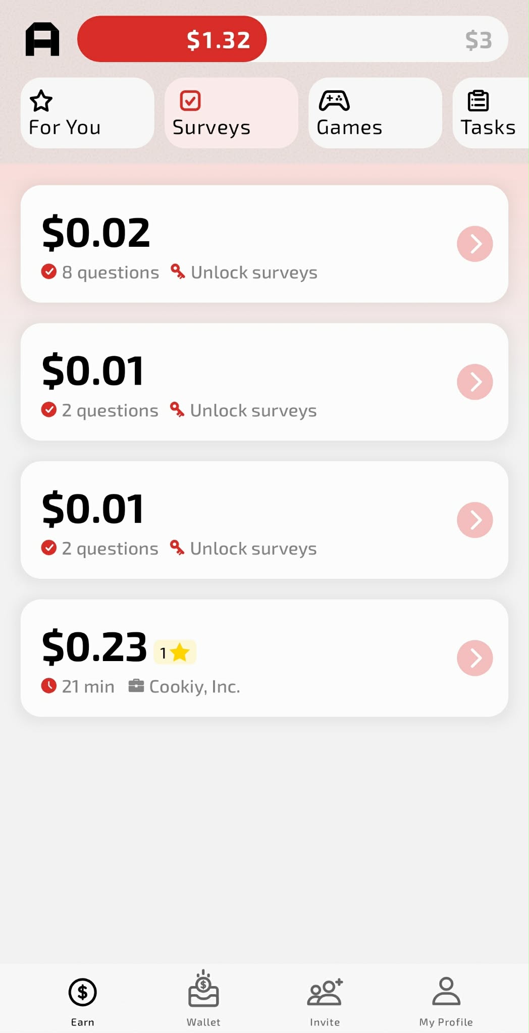 AttaPoll app screen showing paid Surveys, Games and Tasks tabs
