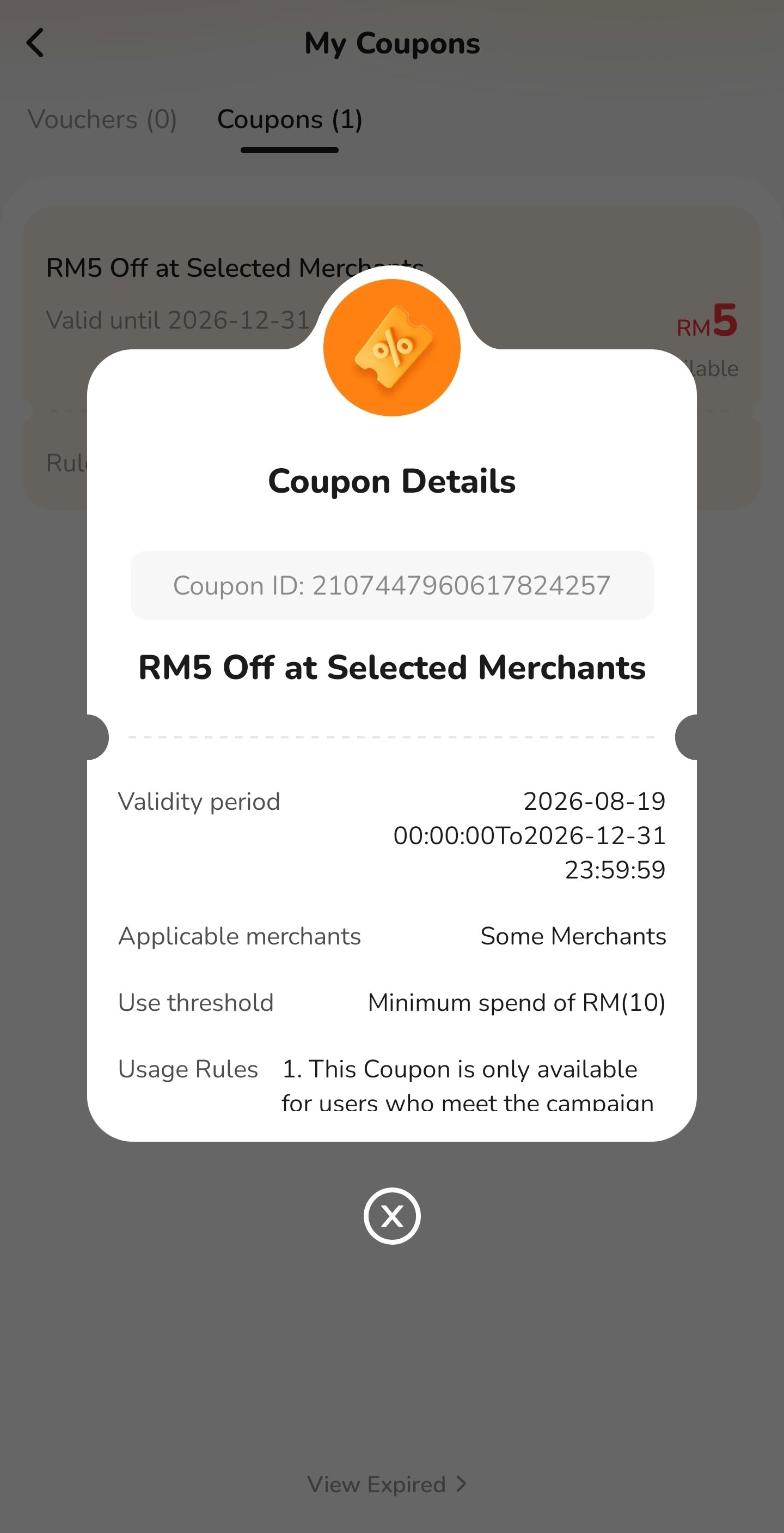 Bello RM5 coupon conditions showing an RM10 minimum spend and selected merchants