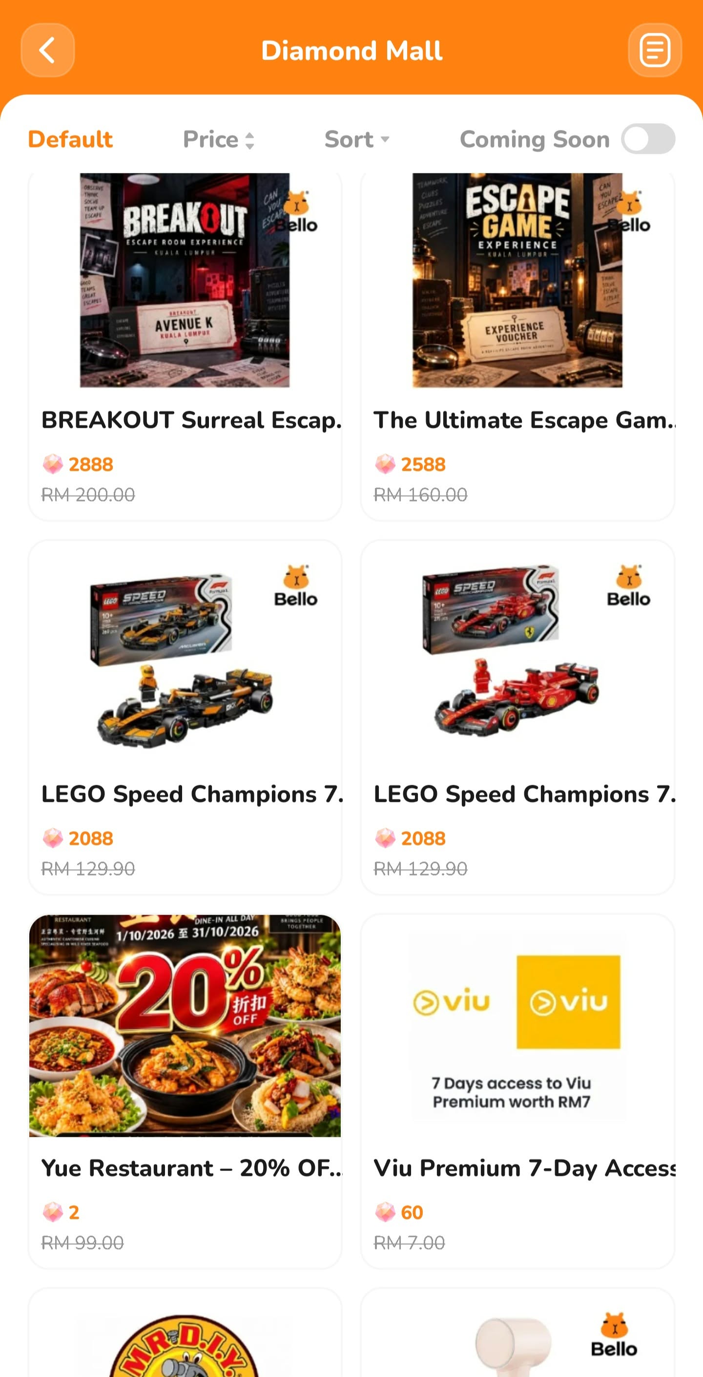 Bello Diamond Mall showing experience vouchers, LEGO, Yue Restaurant and Viu rewards