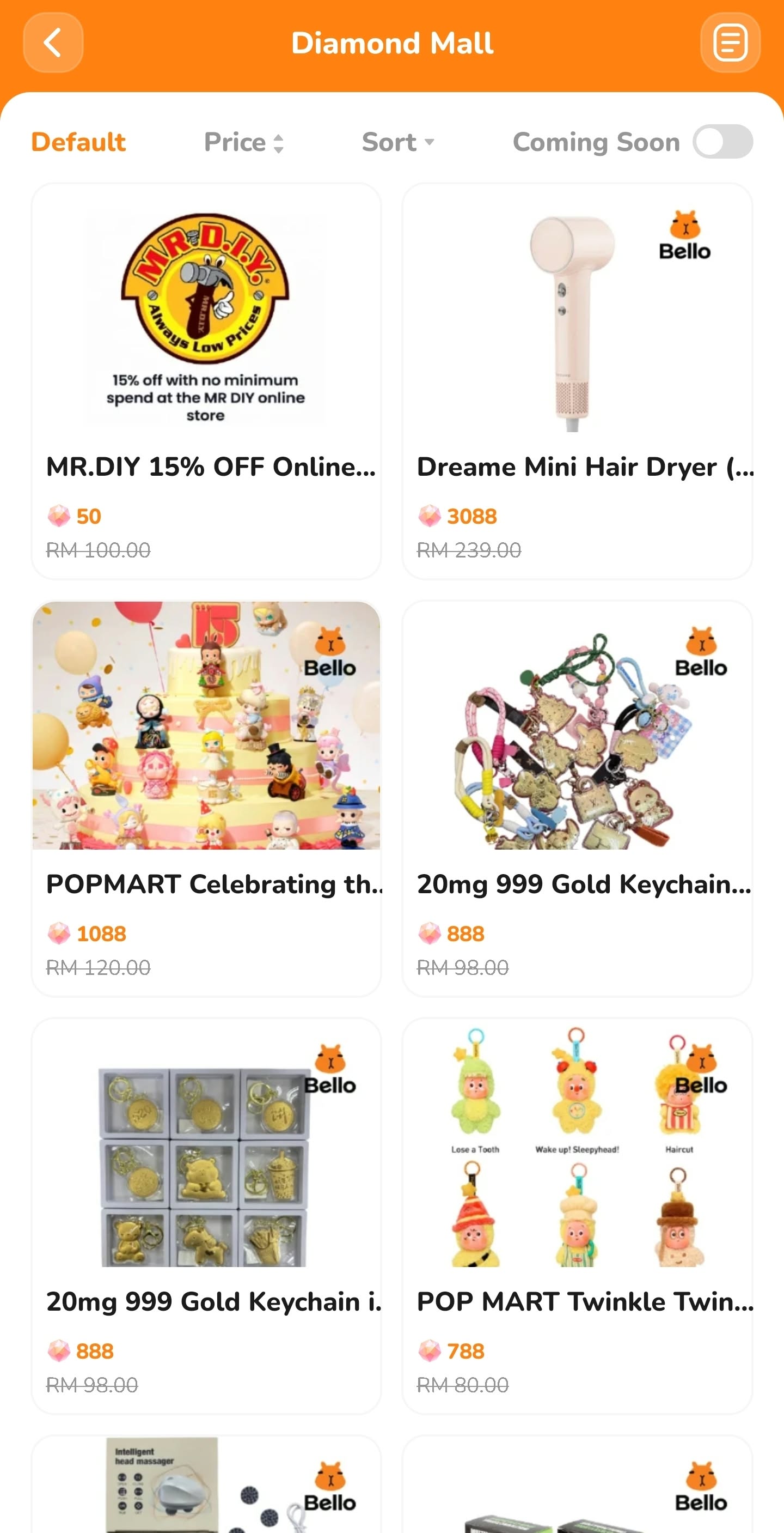 Bello Diamond Mall showing MR.DIY, Dreame, POP MART and gold keychain rewards