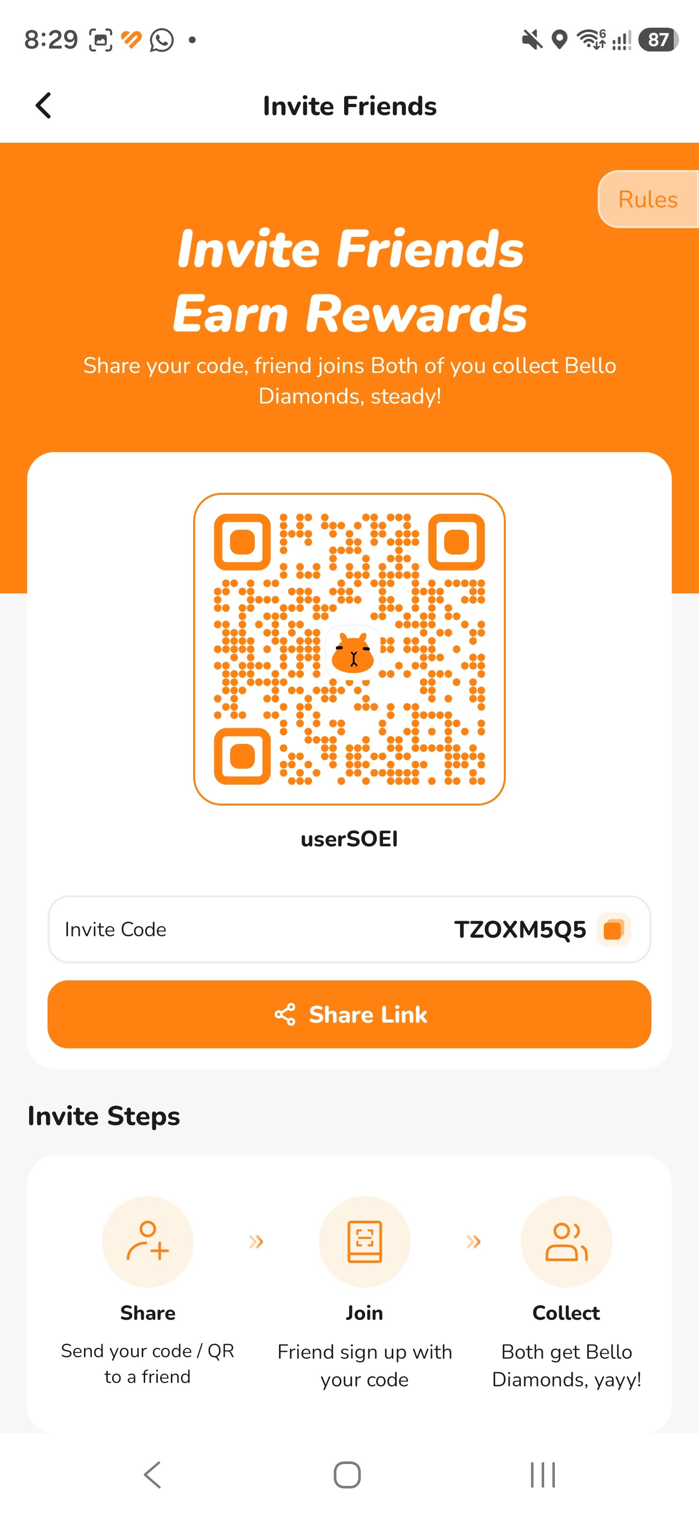 Bello invitation screen with referral code TZOXM5Q5 and Diamond rewards for both people