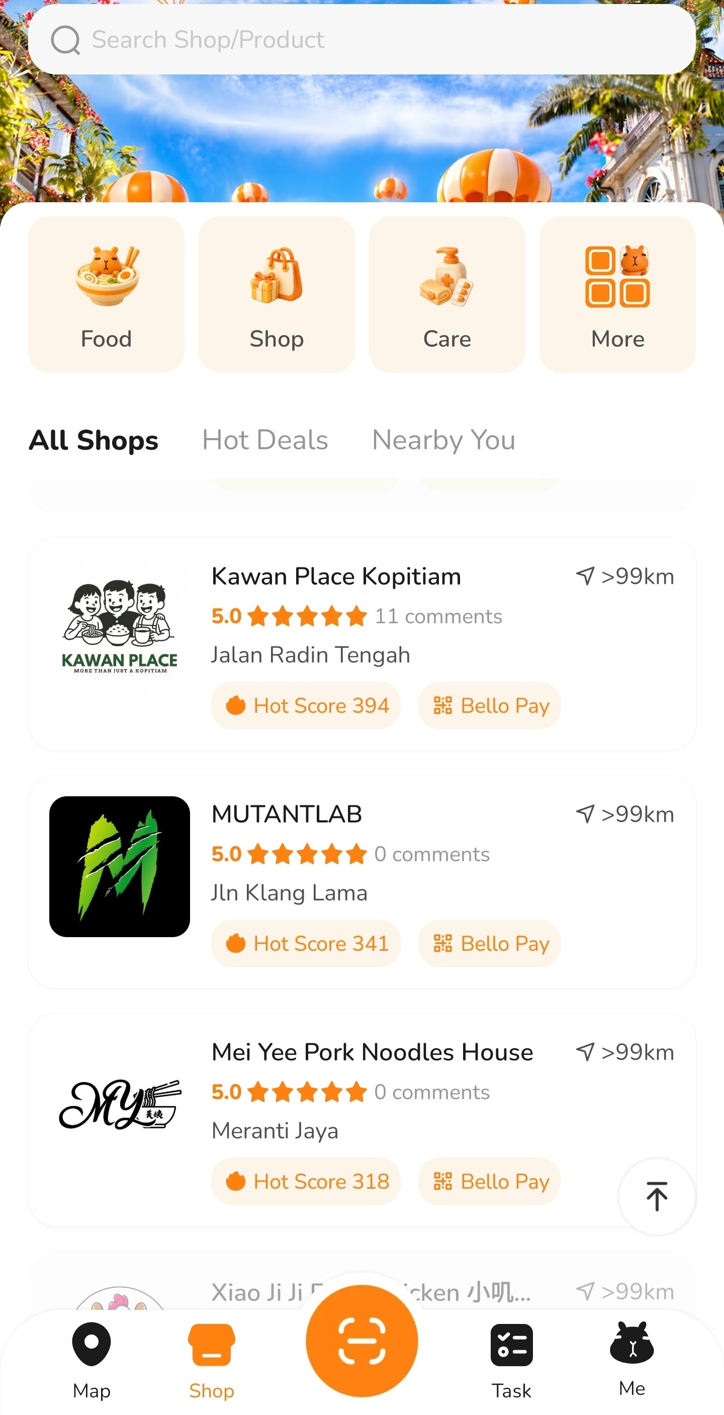 Bello shop directory showing Kawan Place Kopitiam, MUTANTLAB and Mei Yee Pork Noodles House