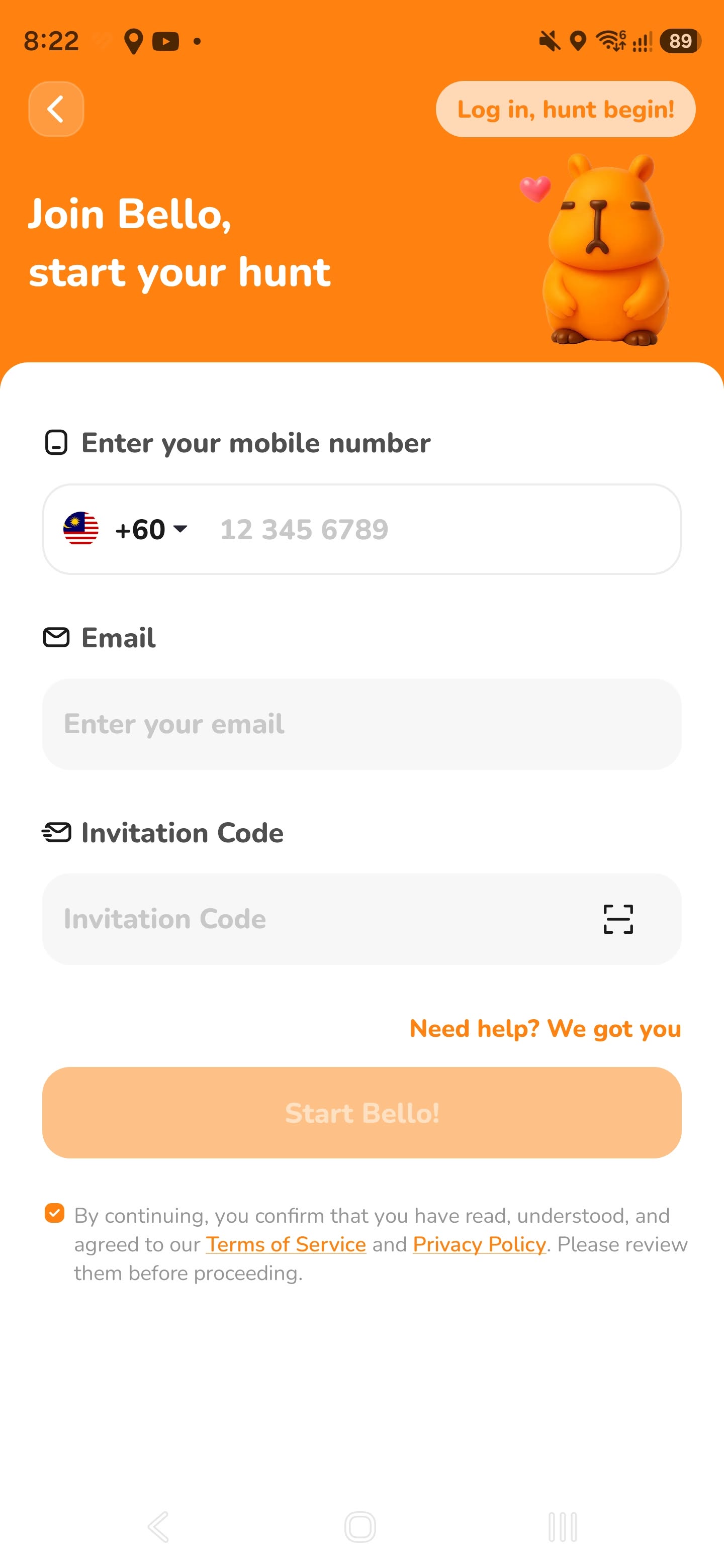 Bello registration form with mobile number, email and Invitation Code fields