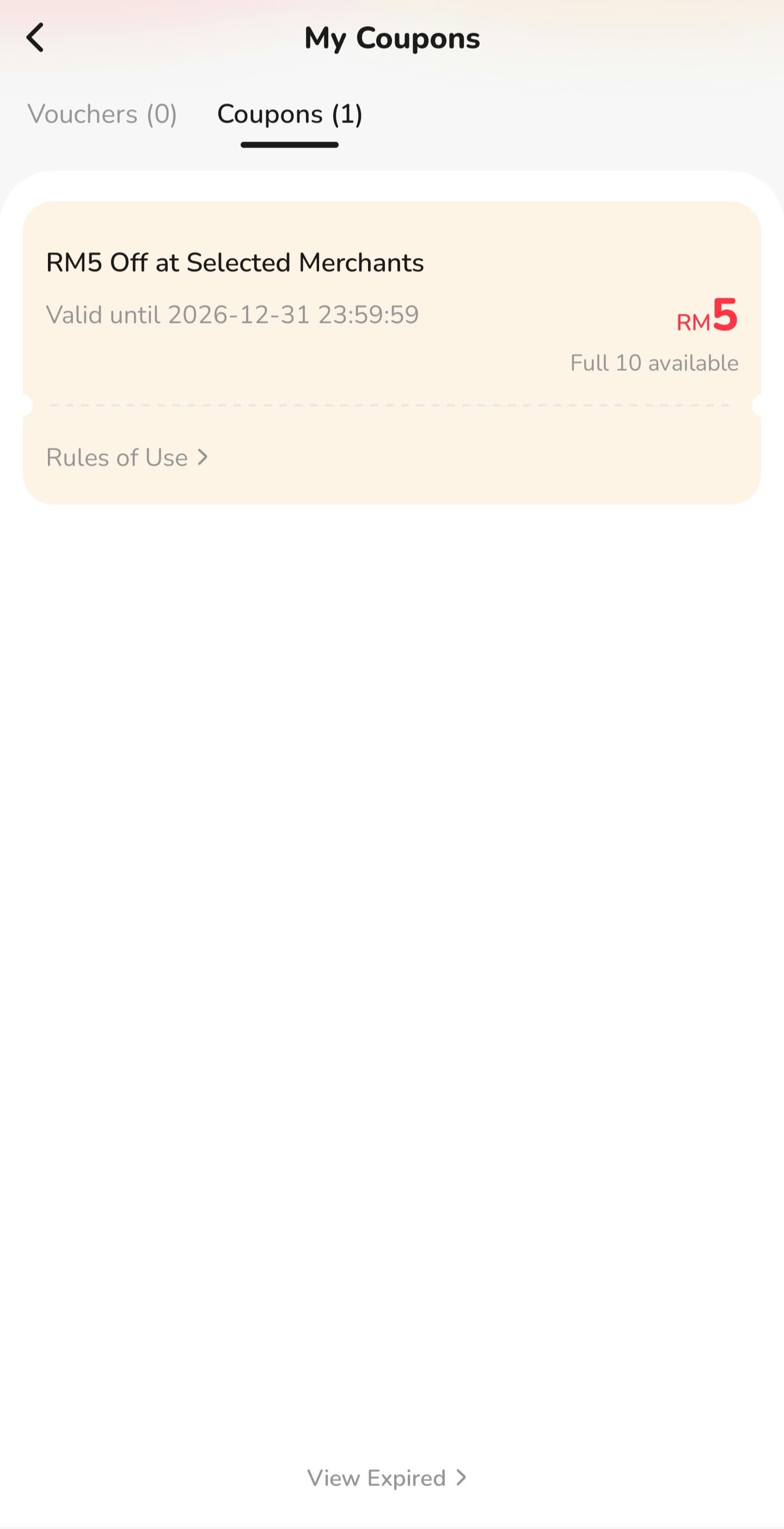Bello My Coupons screen showing an RM5 discount expiring on 31 December 2026