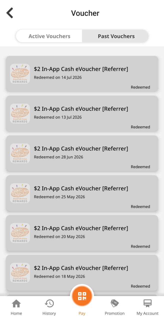 BreadTalk Group Rewards voucher history showing six redeemed S$2 referrer rewards in May, June and July 2026