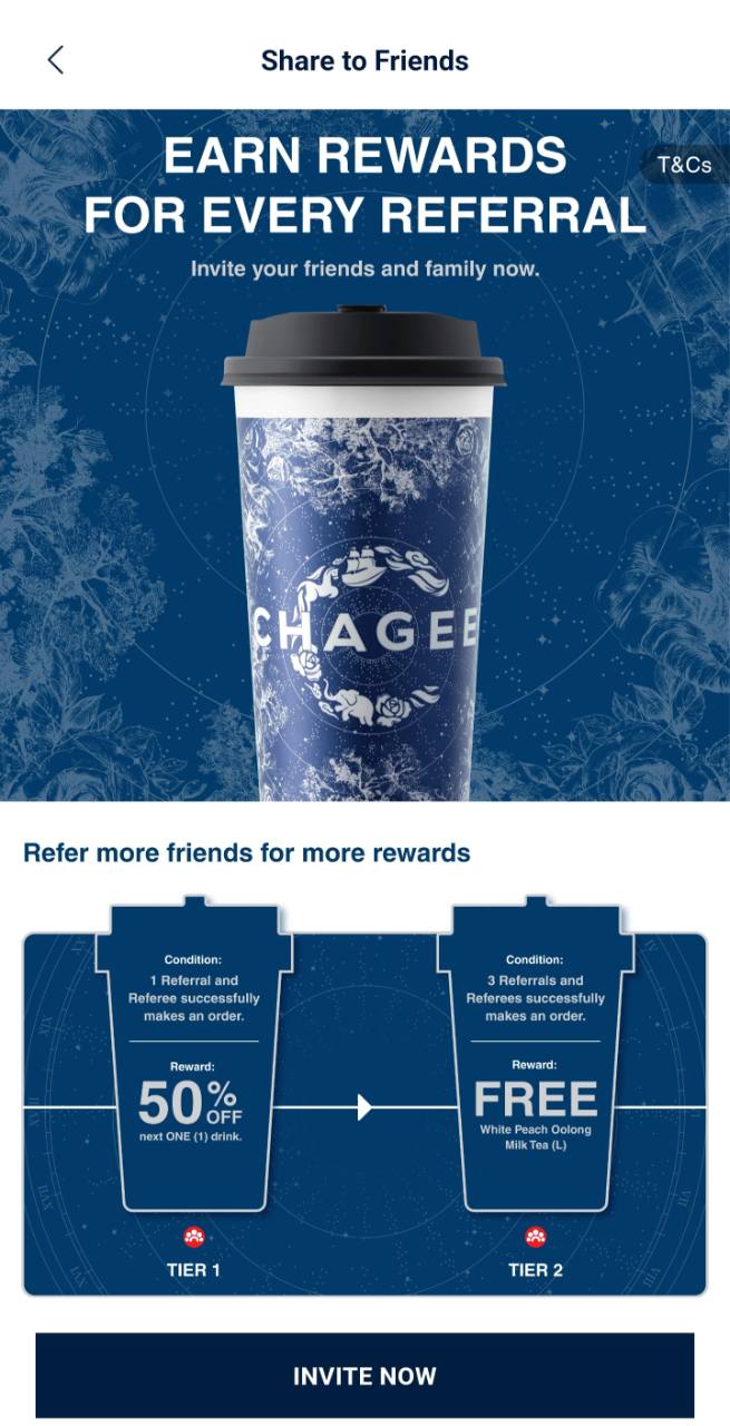 CHAGEE referral rewards screen showing 50 percent off and free White Peach Oolong Milk Tea tiers