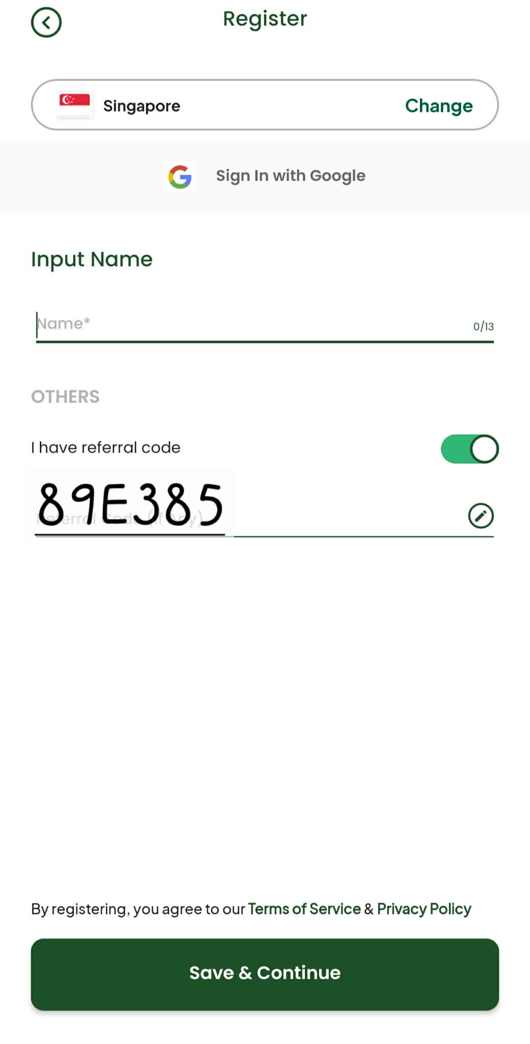 Fore Coffee Singapore registration screen with referral code 89E385 entered