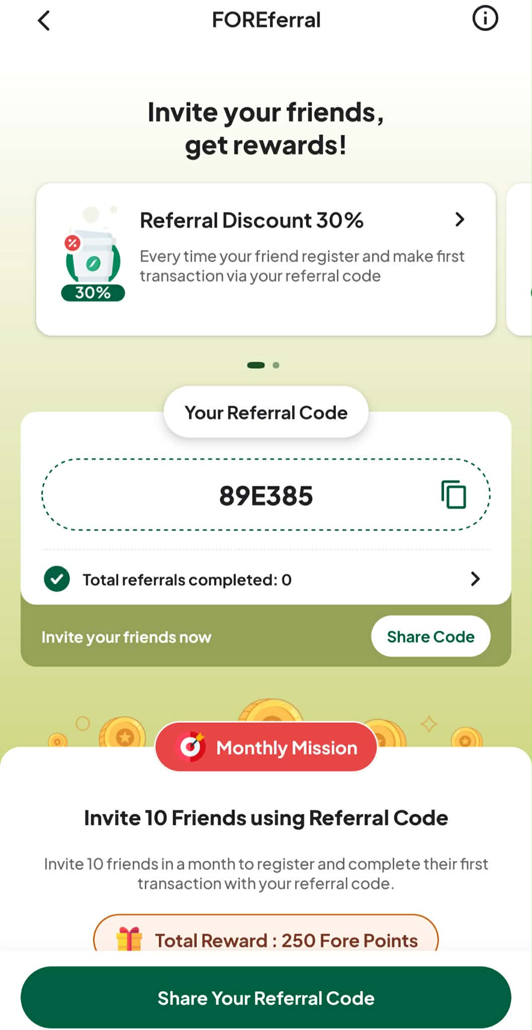 FOREferral screen showing code 89E385 and a 30 percent referral discount
