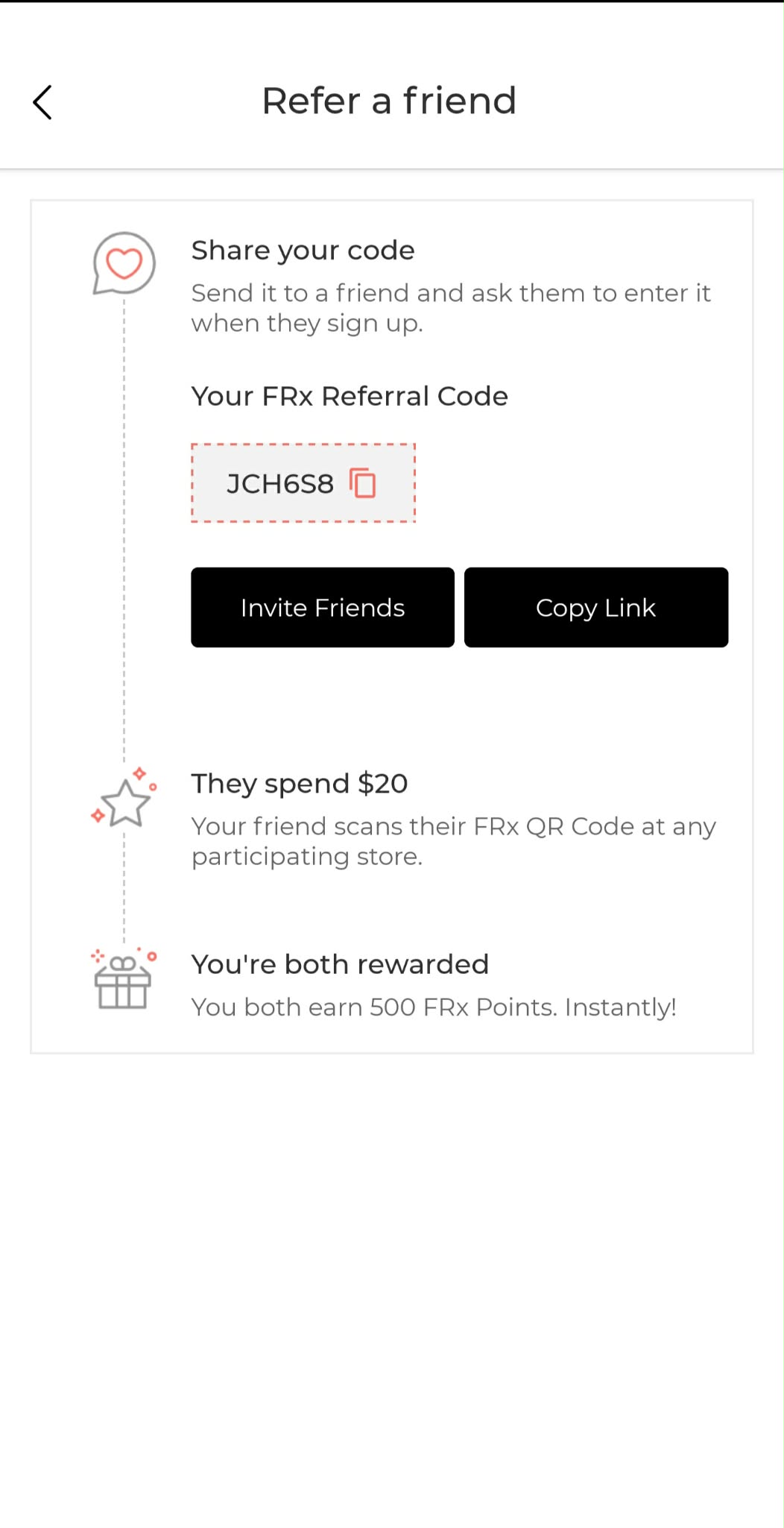 FRx referral screen showing code JCH6S8, a S$20 spend condition and 500 points for each person