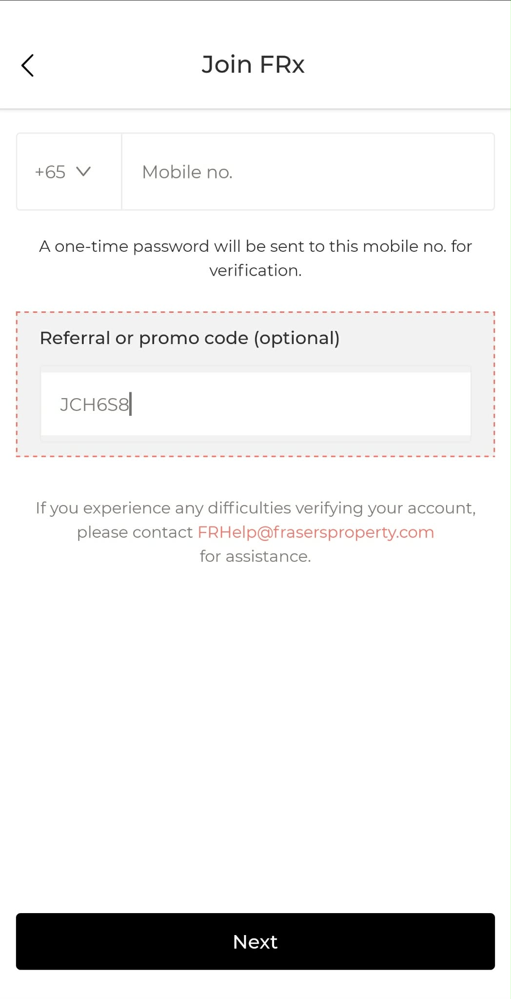 FRx signup screen showing JCH6S8 in the referral or promo code field