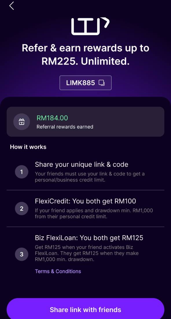 GXBank referral screen with LIMK885, RM100 FlexiCredit and RM125 Biz FlexiLoan rewards