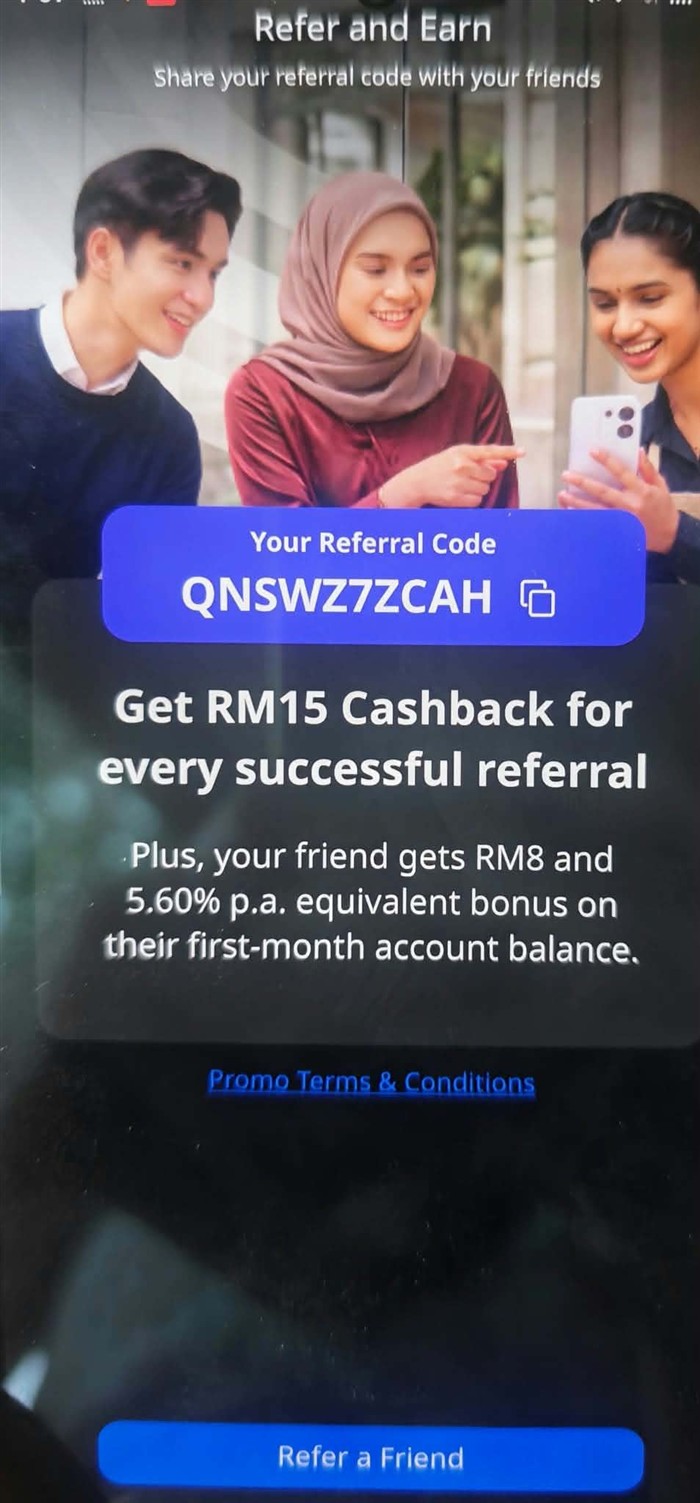 HLB Refer and Earn screen showing referral code QNSWZ7ZCAH and the friend's RM8 and first-month bonus offer