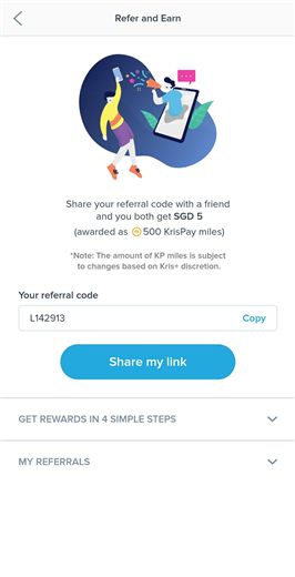 Kris+ referral code entry screen showing L142913