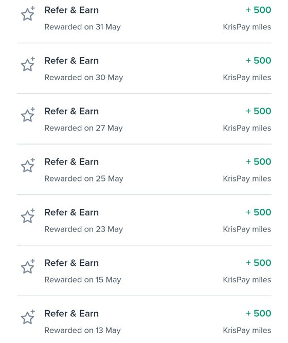 Historical Kris+ Refer and Earn history showing 500-mile referral credits