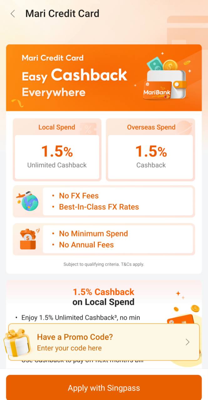 Mari Credit Card application screen showing Have a Promo Code above Apply with Singpass