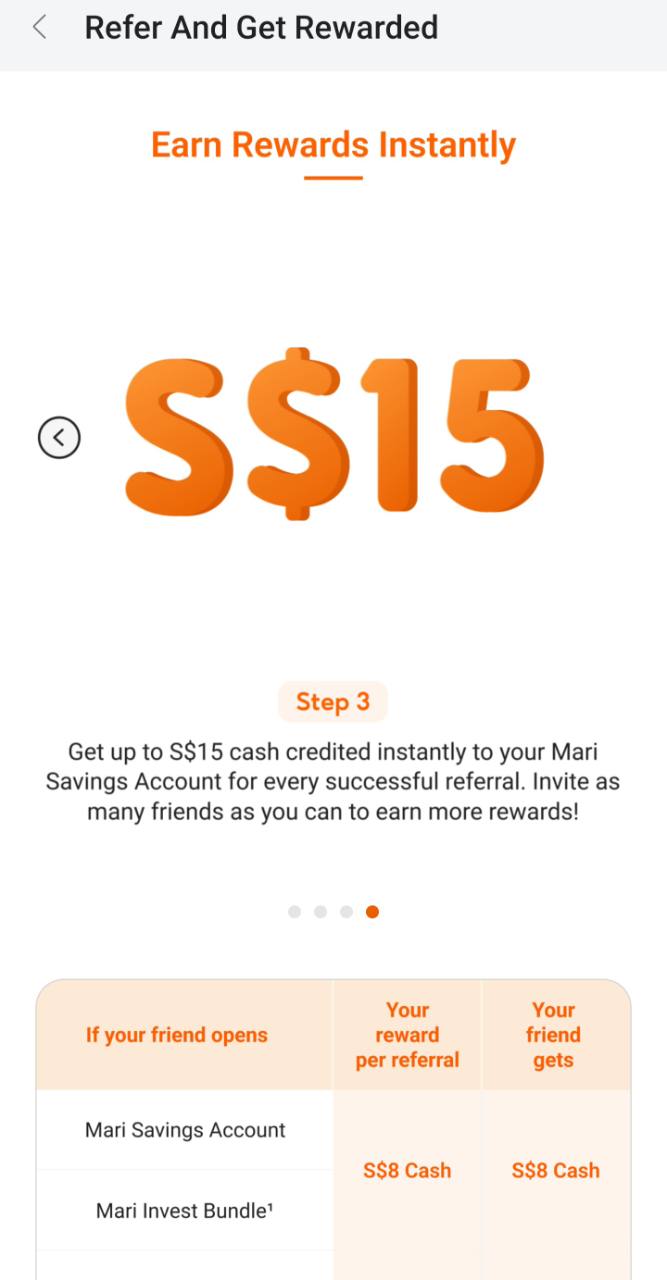 MariBank Refer And Get Rewarded screen advertising up to S$15 with S$8 shown for savings and investment referrals