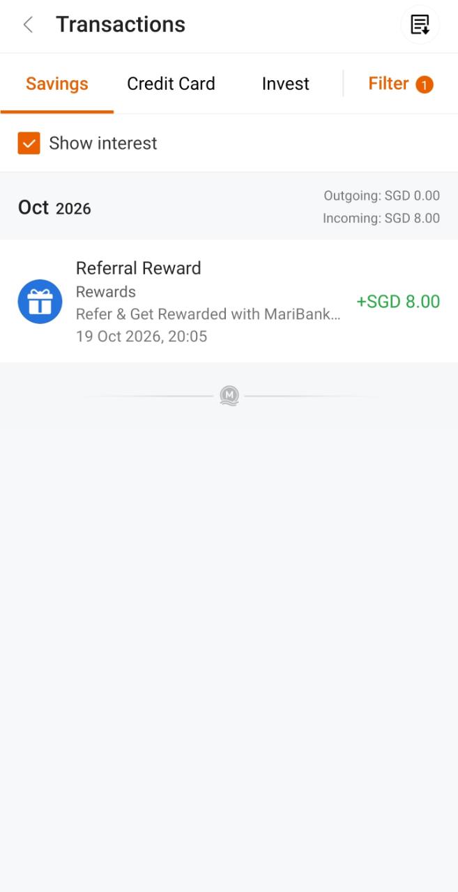 MariBank transaction showing an S$8 Referral Reward on 19 October 2026 at 20:05