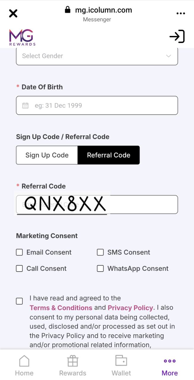 MG Rewards registration form showing Mandarin Gallery referral code QNX8XX