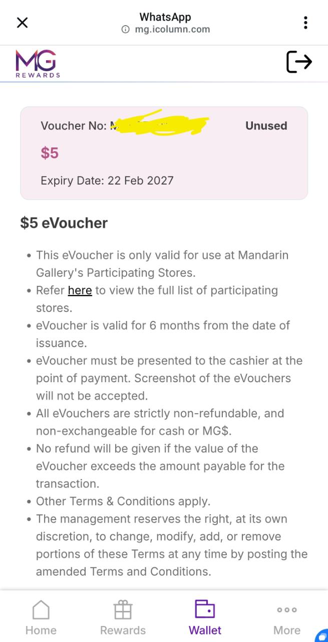 S$5 MG eVoucher conditions for participating Mandarin Gallery stores