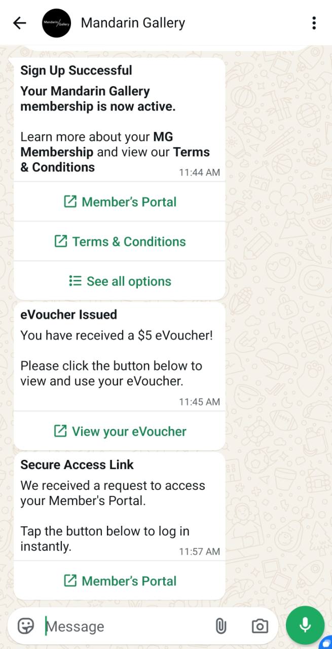 Mandarin Gallery WhatsApp membership confirmation and S$5 MG eVoucher issuance