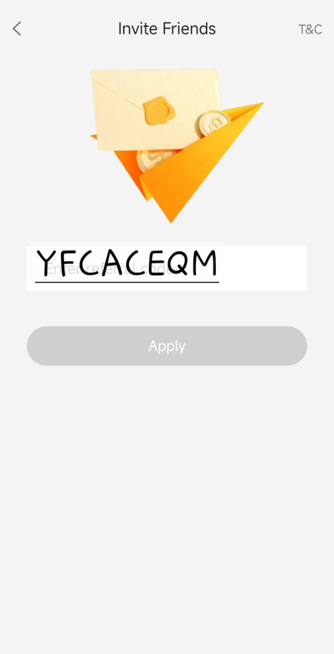 Annotated moomoo invitation-code field illustrating where to type YFCACEQM, with Apply below