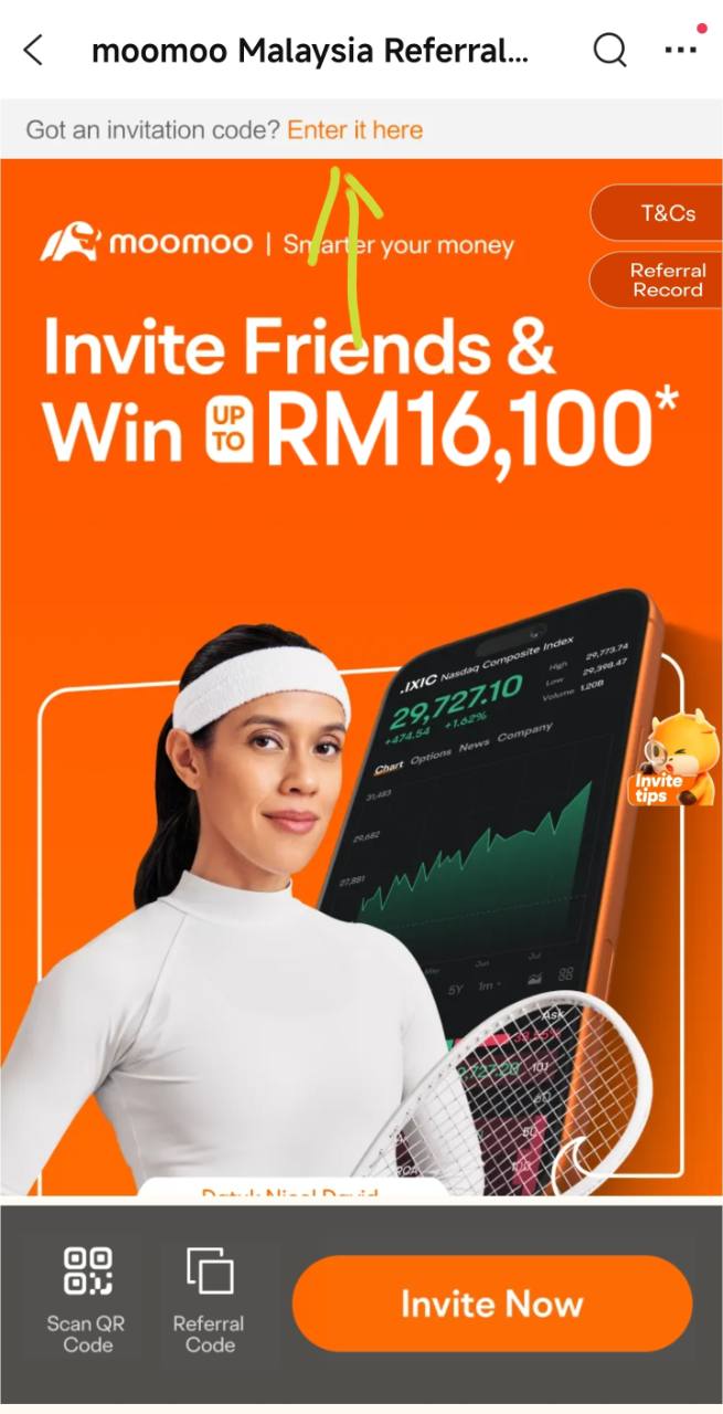 Moomoo Malaysia referral page showing Enter it here above the campaign banner