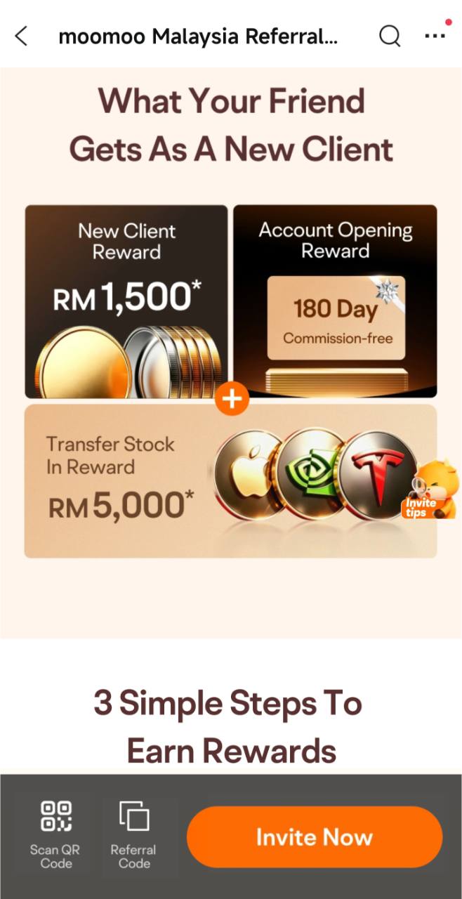 Moomoo promotion screen advertising RM1,500 for new clients, 180 commission-free days and RM5,000 for stock transfers, each subject to terms