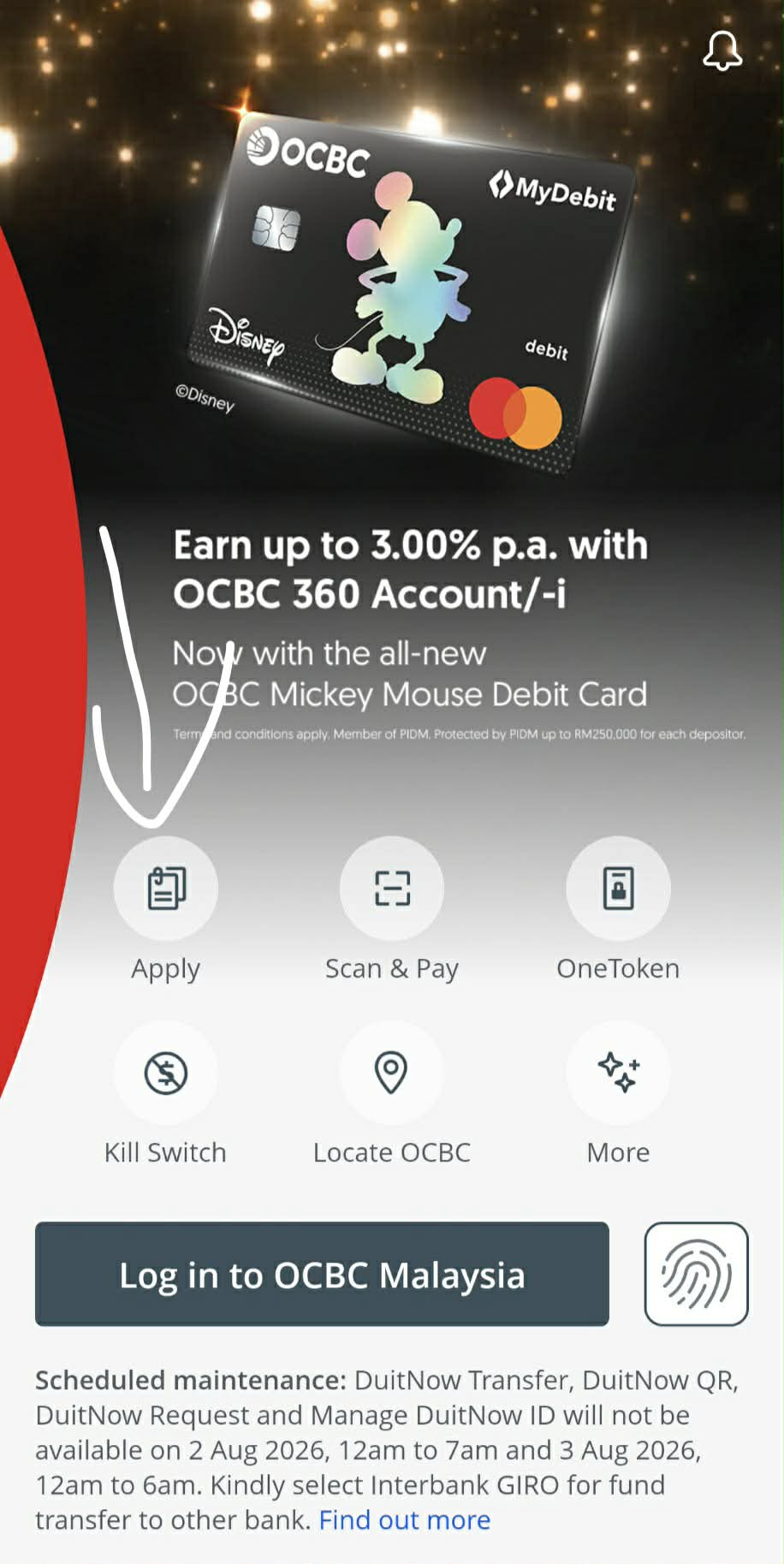 OCBC Malaysia app home screen with Apply button