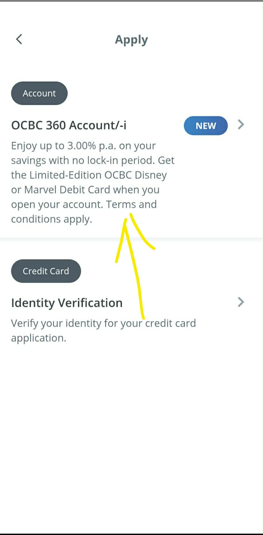 OCBC Apply screen with OCBC 360 Account and Account-i