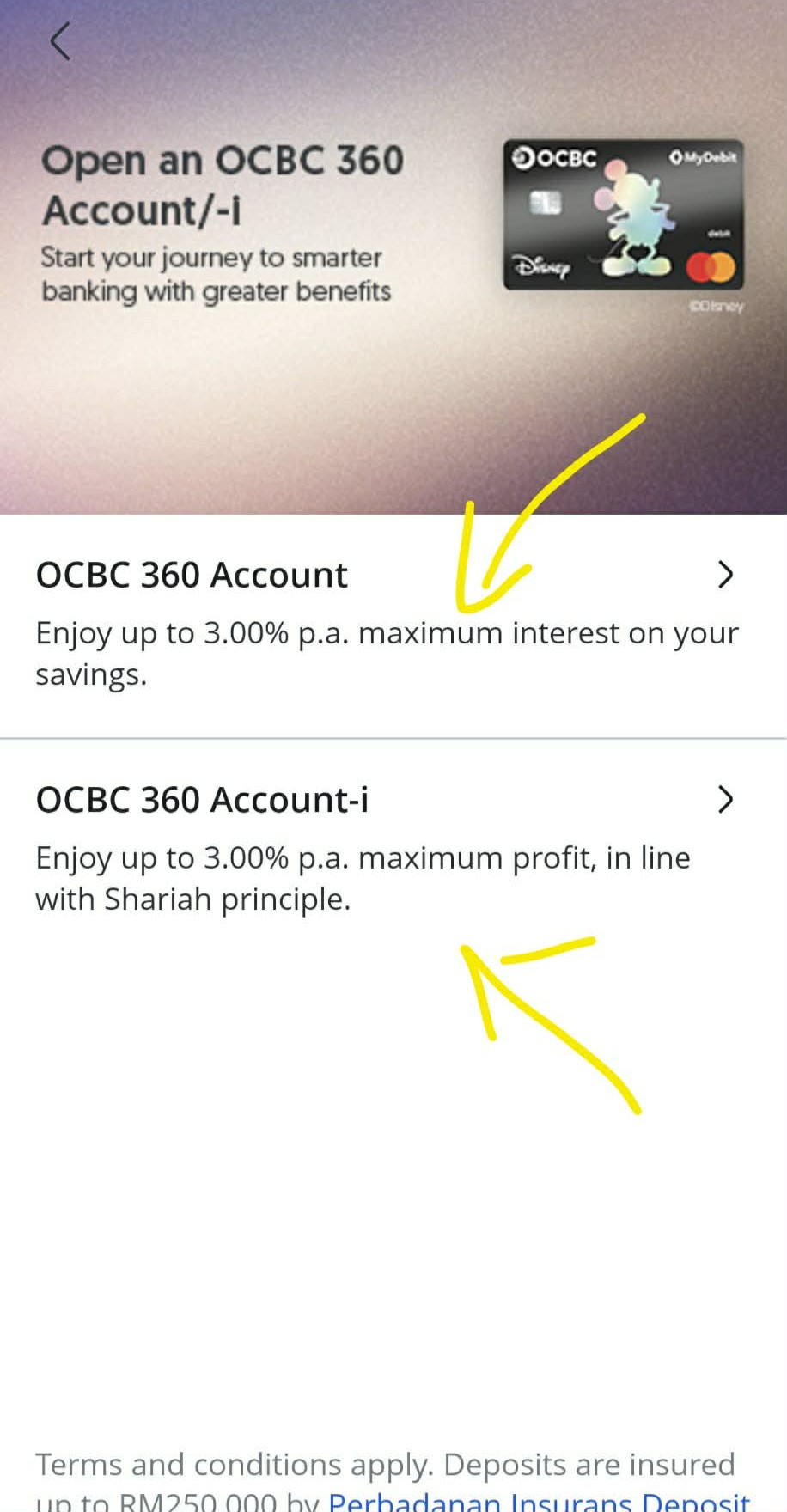 OCBC conventional 360 Account and Account-i choices
