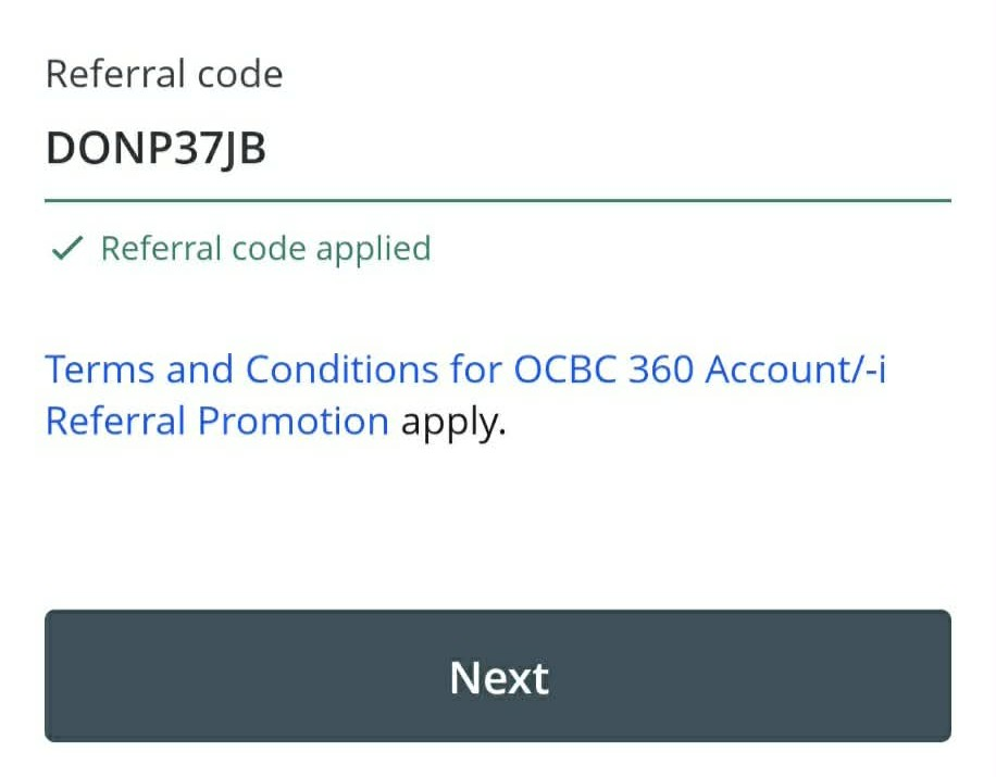 OCBC referral code DONP37JB applied confirmation