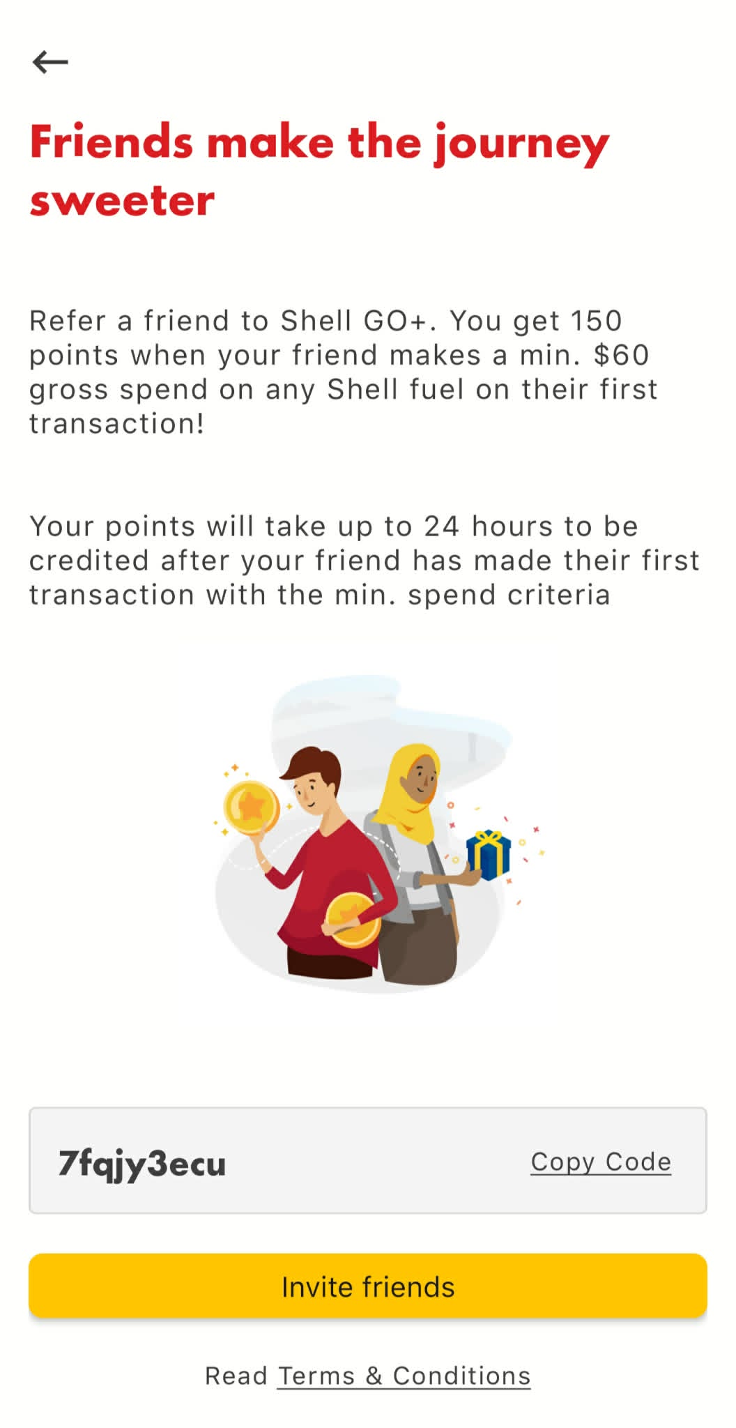 Shell GO+ app screen showing referral code 7fqjy3ecu and the 150-point code-owner reward