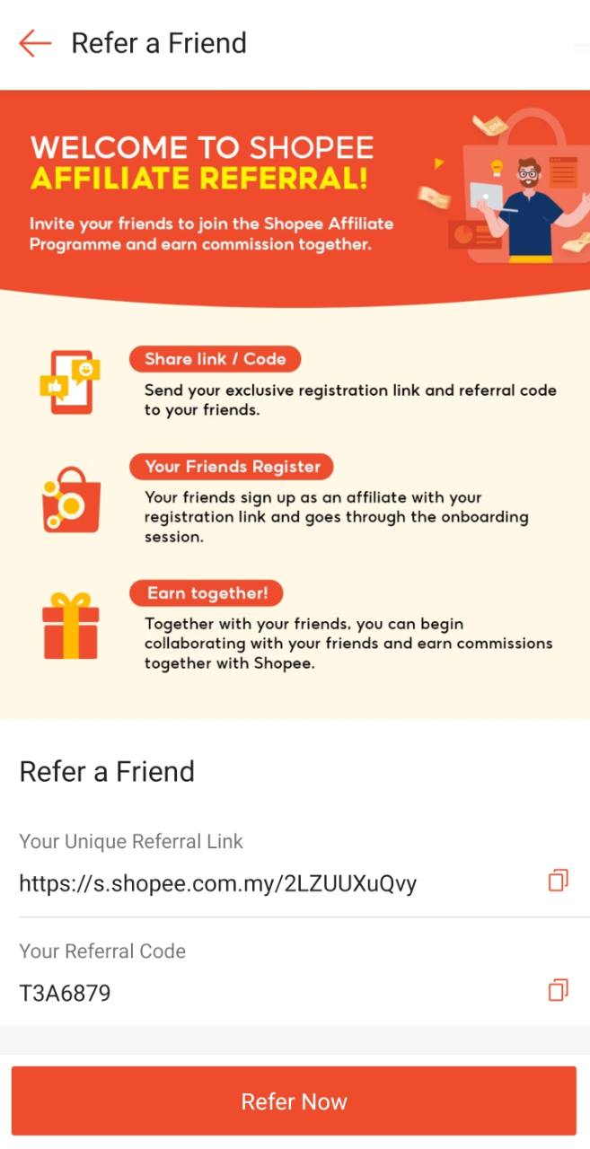 Shopee Affiliate Refer a Friend screen showing referral code T3A6879 and registration link https://s.shopee.com.my/2LZUUXuQvy