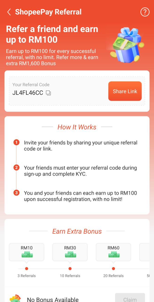 ShopeePay Malaysia referral screen showing referral code JL4FL46CC, manually verified on 8 September 2026