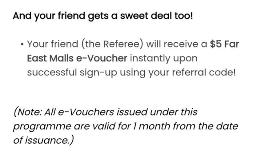 shopFarEast referral screen stating that a new member gets an S$5 Far East Malls eVoucher instantly, valid for one month