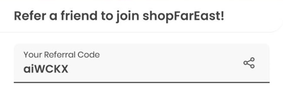 shopFarEast app referral screen showing code aiWCKX