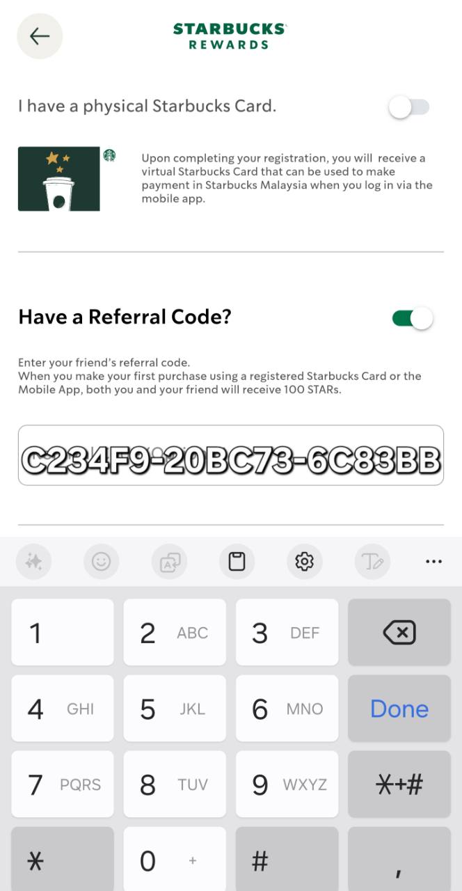 Annotated Starbucks Malaysia registration guide showing the referral-code switch and C234F9-20BC73-6C83BB