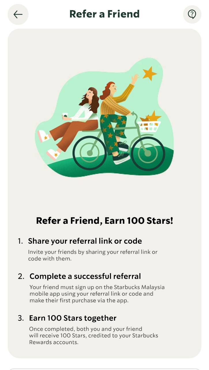 Starbucks Malaysia Refer a Friend screen showing 100 Stars after registration and a first purchase