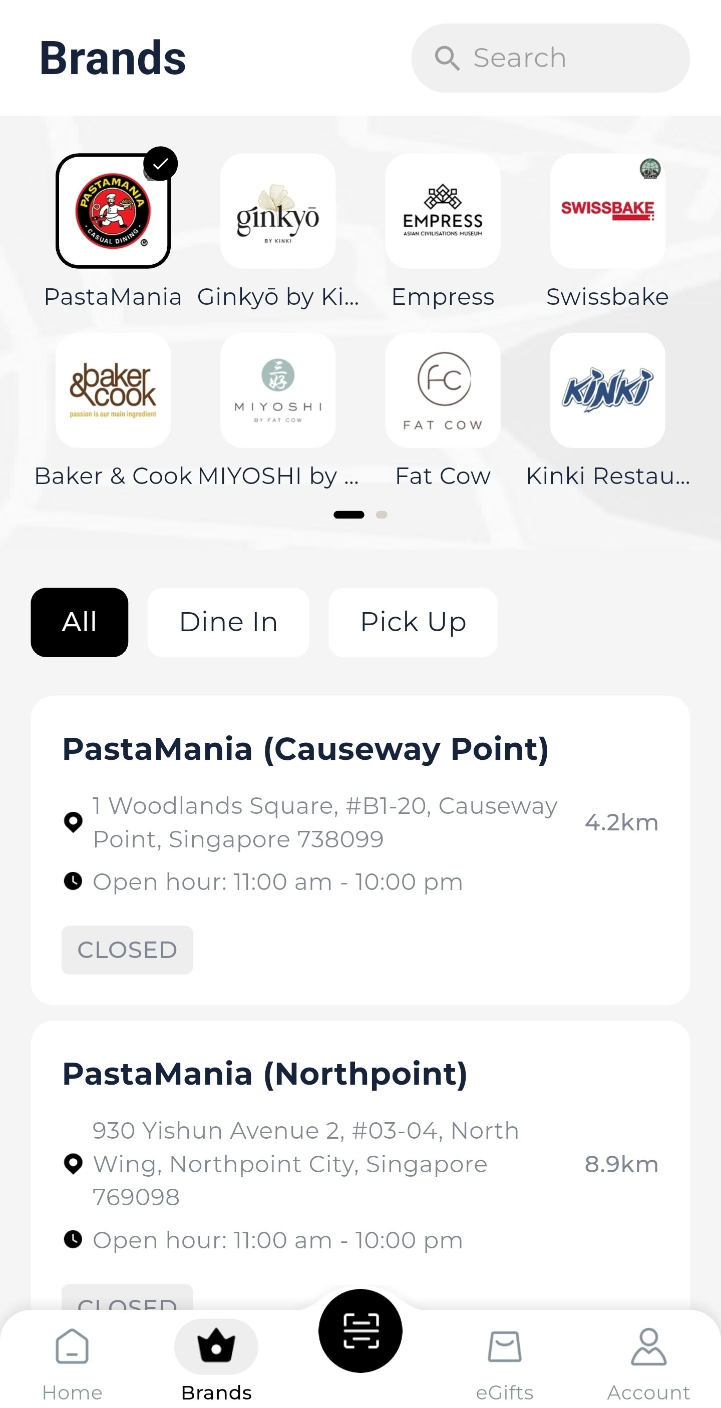 TriplePlus Brands screen showing restaurant brands and PastaMania outlet listings