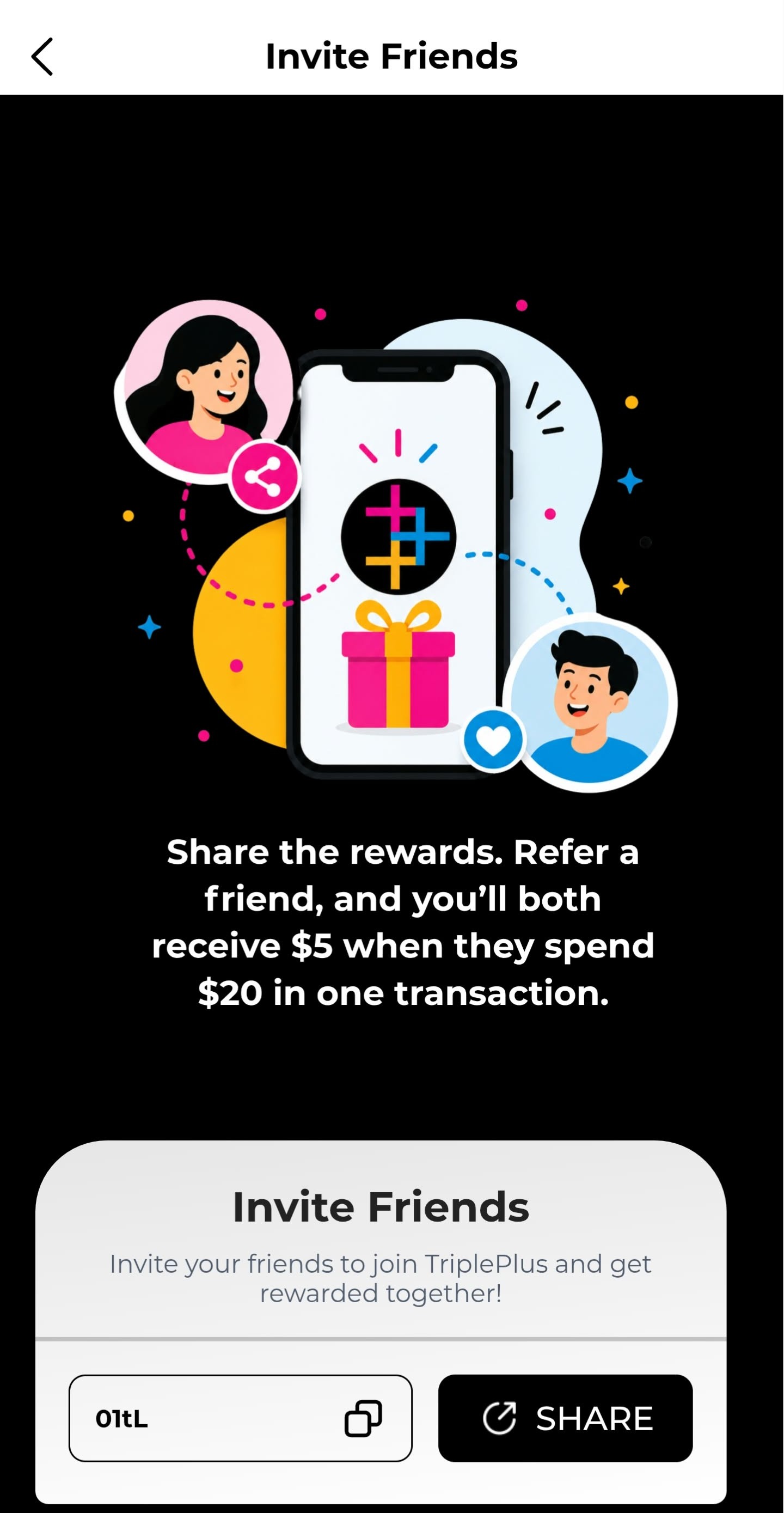 TriplePlus invitation showing code 01tL and a $5 reward after $20 in one transaction