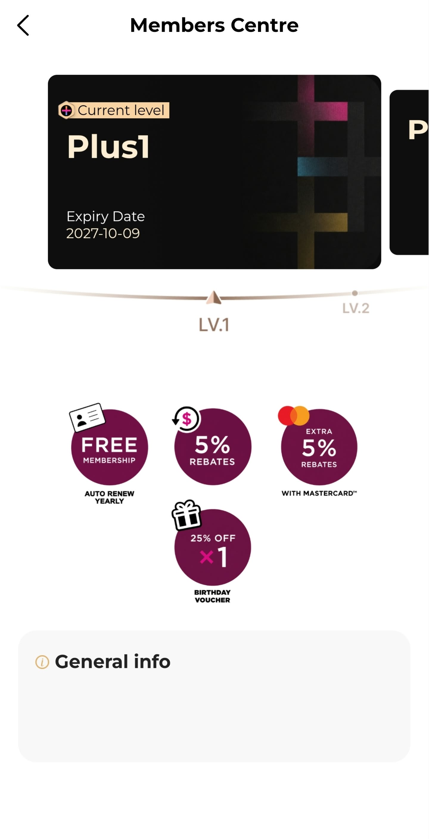 TriplePlus Plus1 membership screen with fees, rebate rates and vouchers
