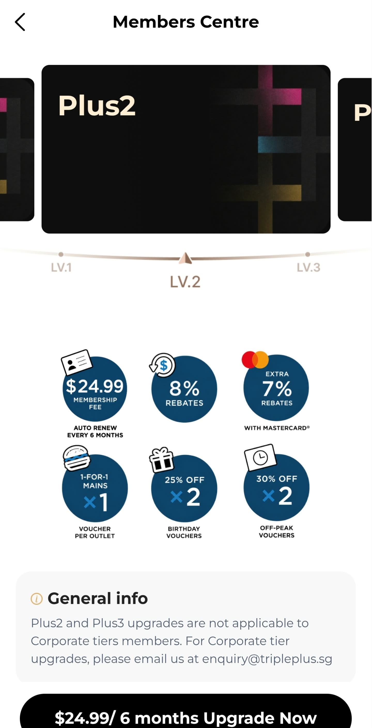 TriplePlus Plus2 membership screen with fees, rebate rates and vouchers