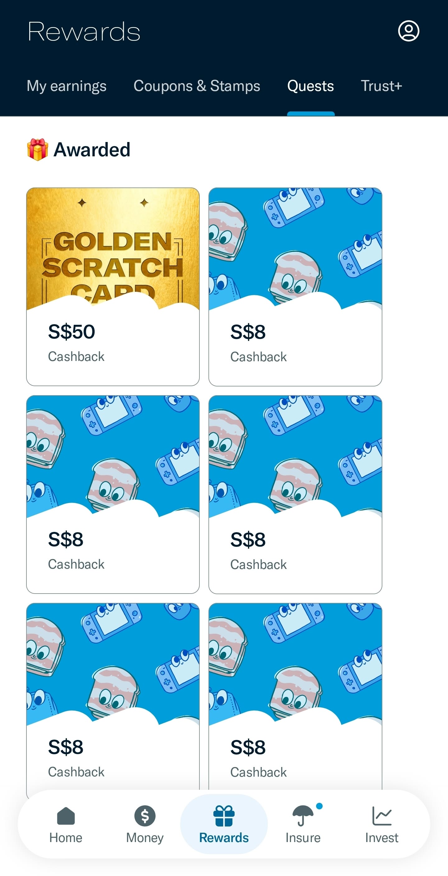 Trust Rewards Quests screen showing an awarded S$50 cashback card and several S$8 cashback cards