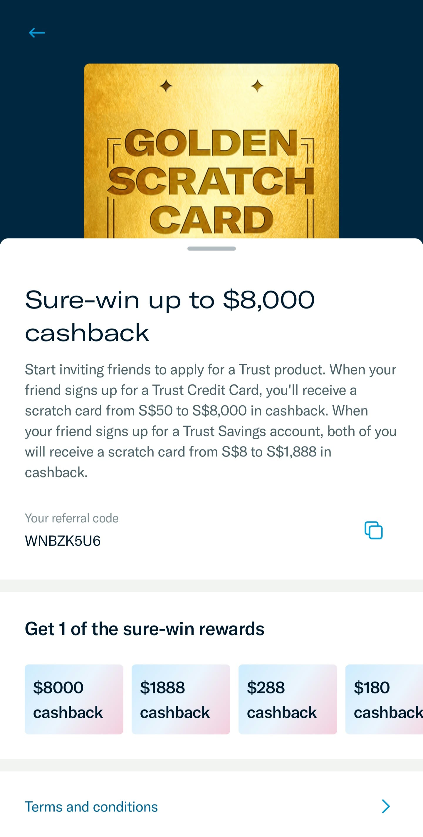 Trust app invitation showing WNBZK5U6, savings rewards for both people and credit-card inviter rewards