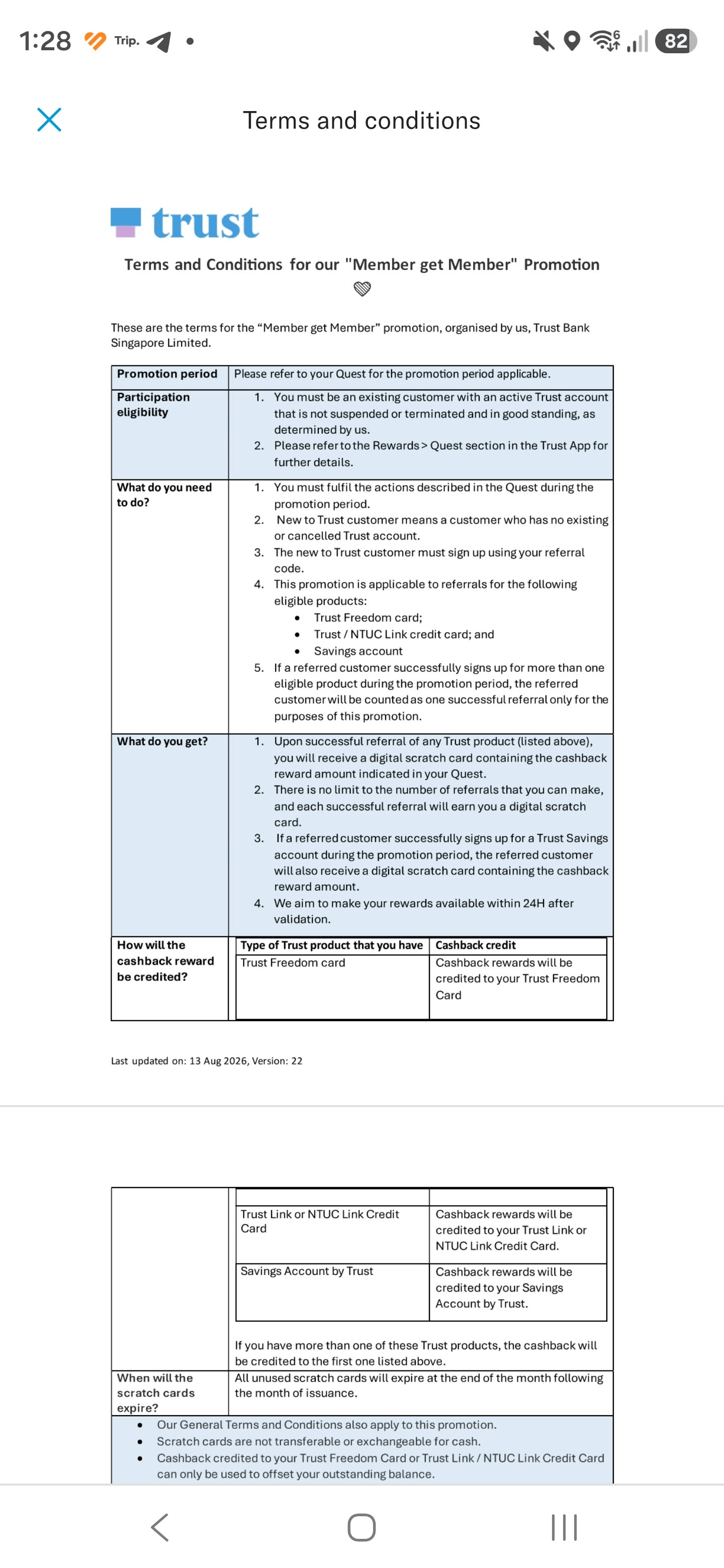 Trust Member get Member V22 terms showing eligibility, referral requirements and reward validation timing