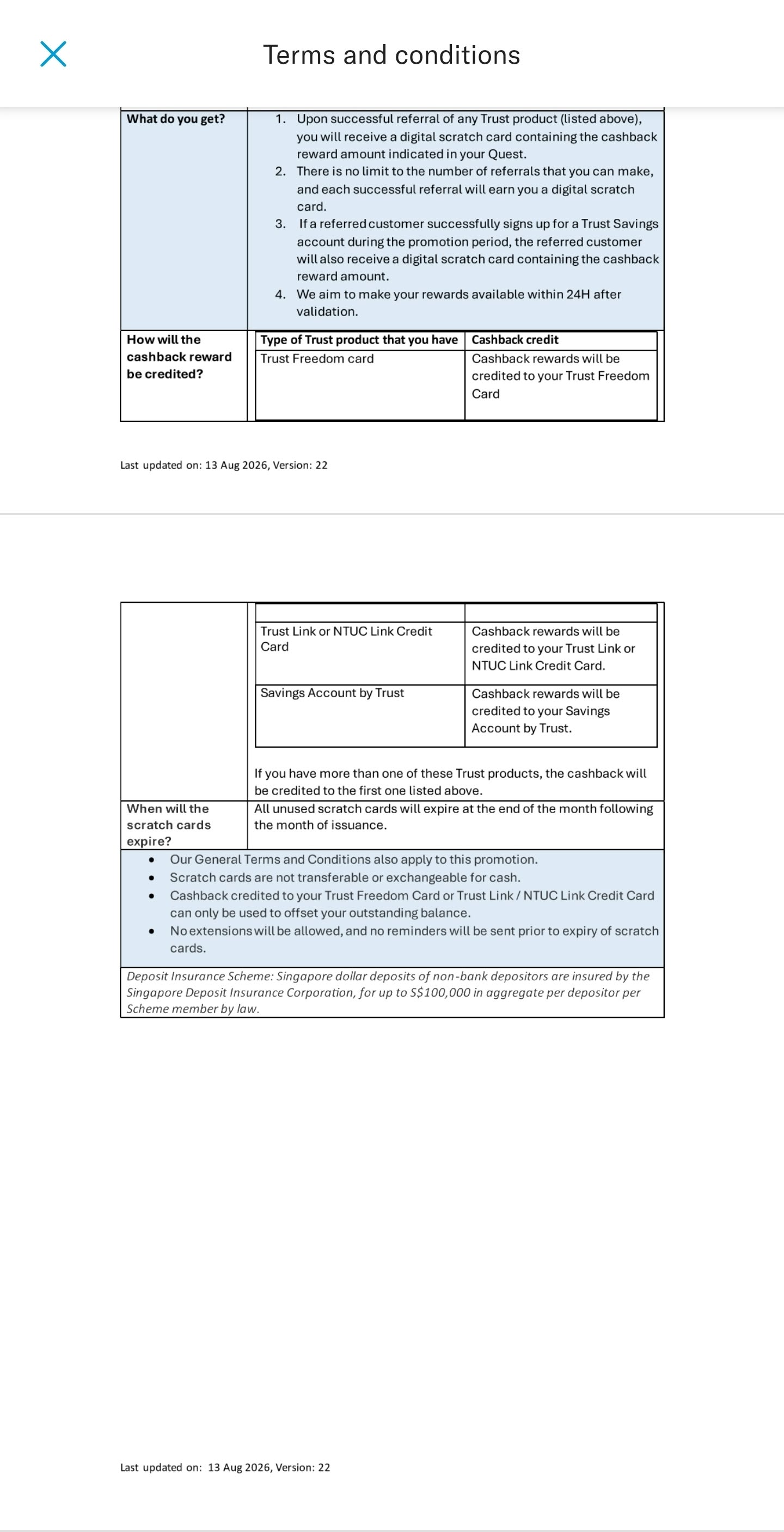 Trust Member get Member V22 terms showing cashback crediting order and unused scratch-card expiry